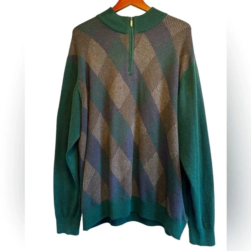 Alex Cannon Men’s Vintage Argyle Quarter zip sweater preppy academia Size XXL